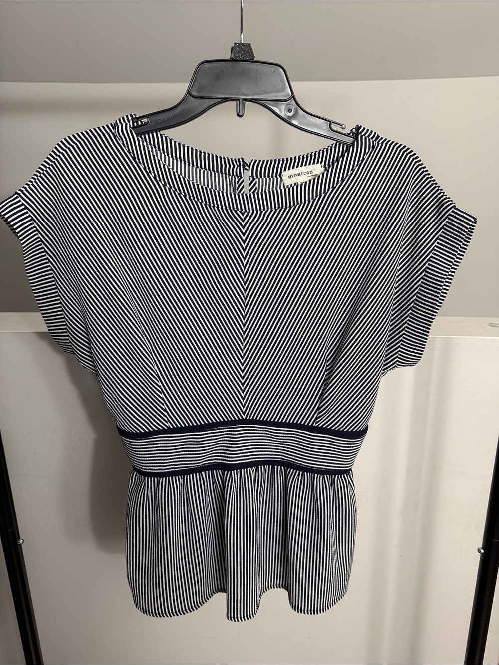 Monteau Navy and White Striped Peplum Top